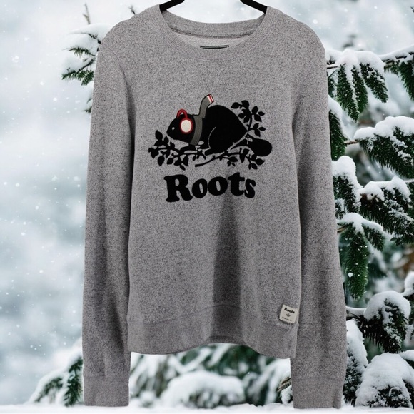 Roots Canada Crewneck Sweatshirt Velvet Winter Beaver Comfy Skiing Novelty M - Picture 1 of 9